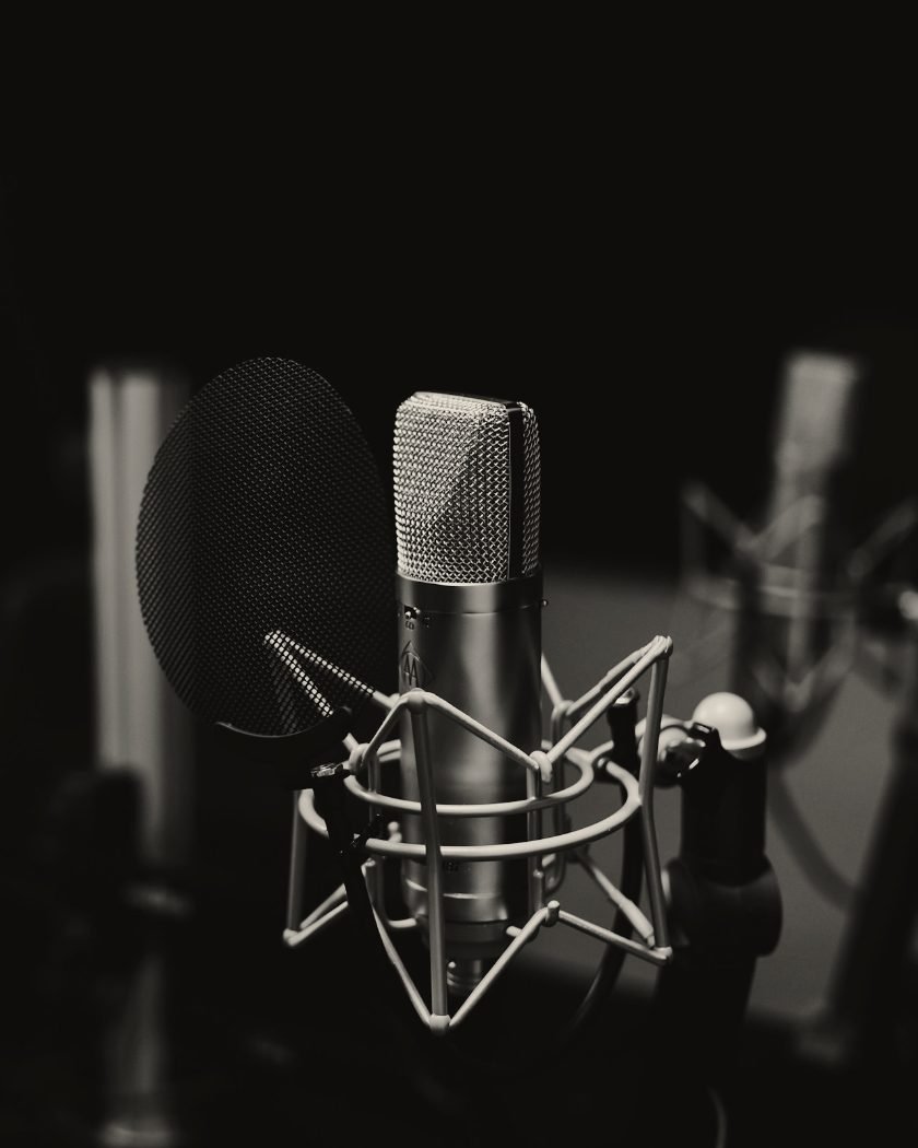 Studio condenser microphone in a shock mount